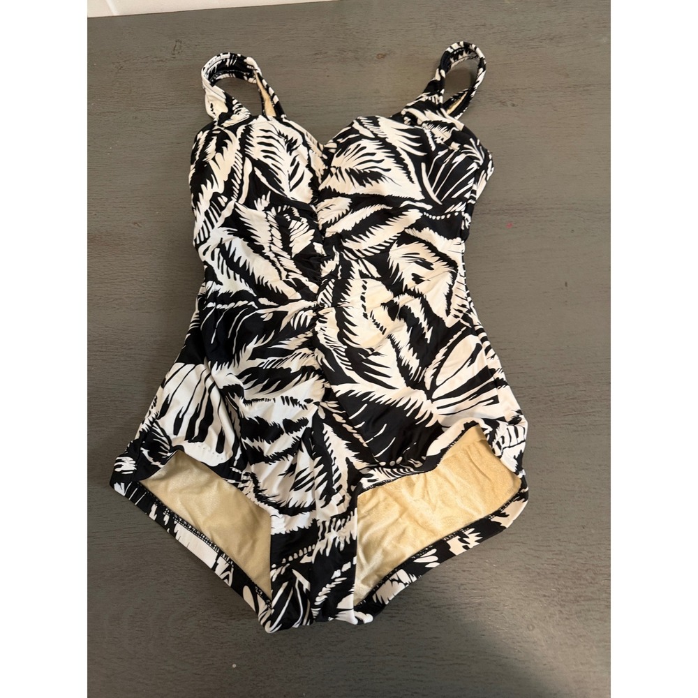 Azul Womens One Piece Swimsuit Black White Palm Leaf Ruched Front Size 12